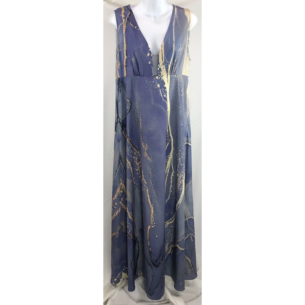 NWT Sleeveless Flowy Maxi Dress L Blue Geometric Mesh Insert Empire Waist Plunge